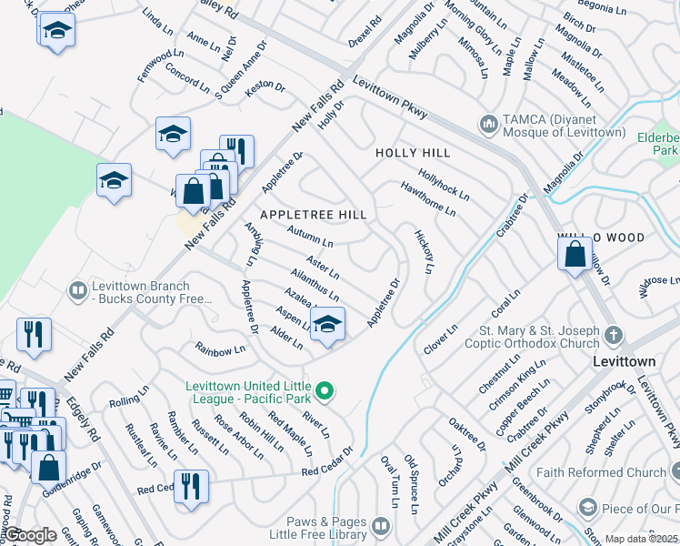map of restaurants, bars, coffee shops, grocery stores, and more near 34 Aster Lane in Levittown