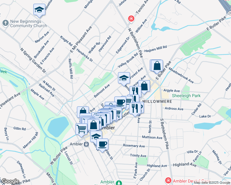 map of restaurants, bars, coffee shops, grocery stores, and more near 224 Forest Avenue in Ambler