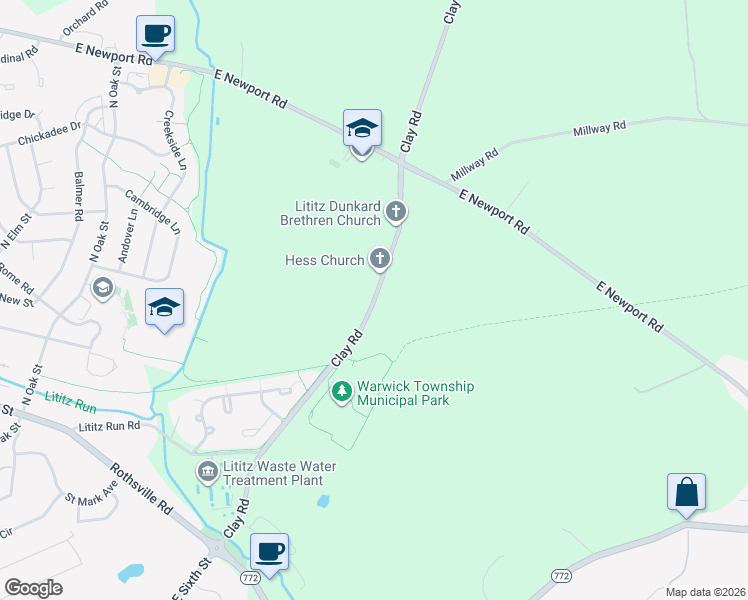 map of restaurants, bars, coffee shops, grocery stores, and more near 315 Clay Road in Lititz
