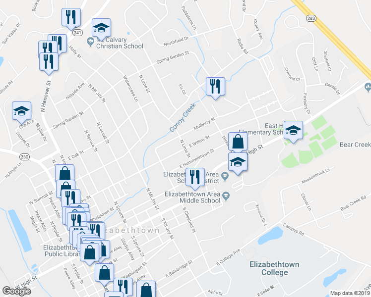 map of restaurants, bars, coffee shops, grocery stores, and more near 552 East Willow Street in Elizabethtown