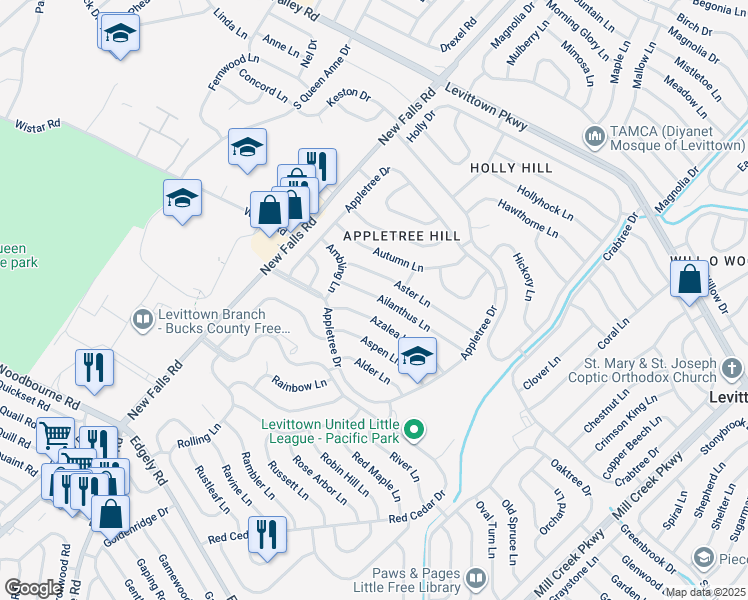 map of restaurants, bars, coffee shops, grocery stores, and more near 71 Ailanthus Lane in Levittown