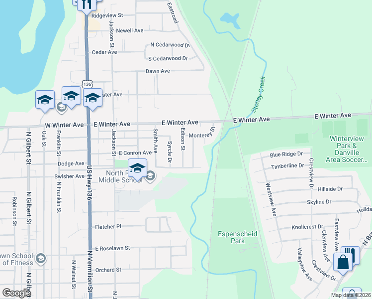 map of restaurants, bars, coffee shops, grocery stores, and more near 1900-1998 Edison St in Danville