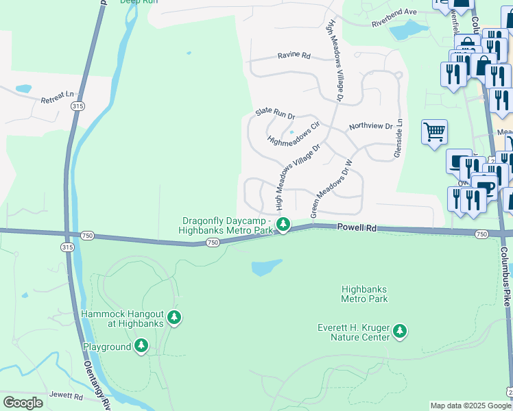 map of restaurants, bars, coffee shops, grocery stores, and more near 94 Ravine Ridge Drive South in Powell