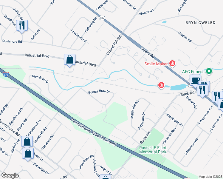 map of restaurants, bars, coffee shops, grocery stores, and more near 1636 Bonnie Brae Drive in Bucks County