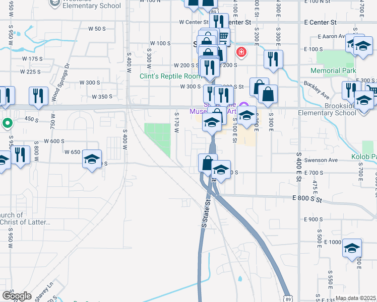 map of restaurants, bars, coffee shops, grocery stores, and more near 618 South 100 West in Springville