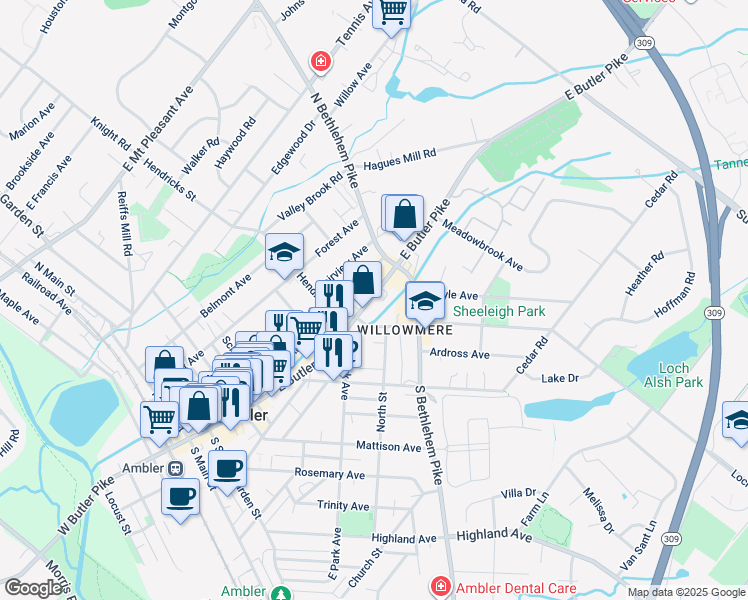 map of restaurants, bars, coffee shops, grocery stores, and more near 342 East Butler Avenue in Ambler