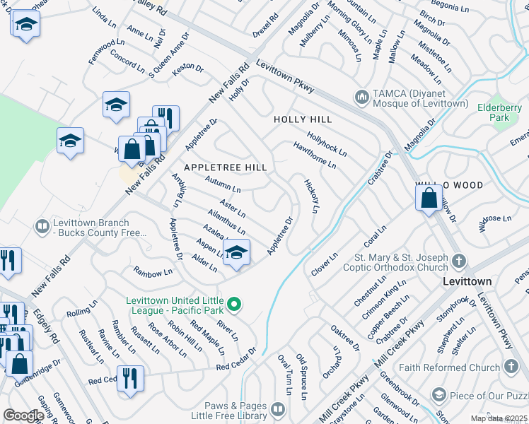 map of restaurants, bars, coffee shops, grocery stores, and more near 25 Arbor Lane in Levittown