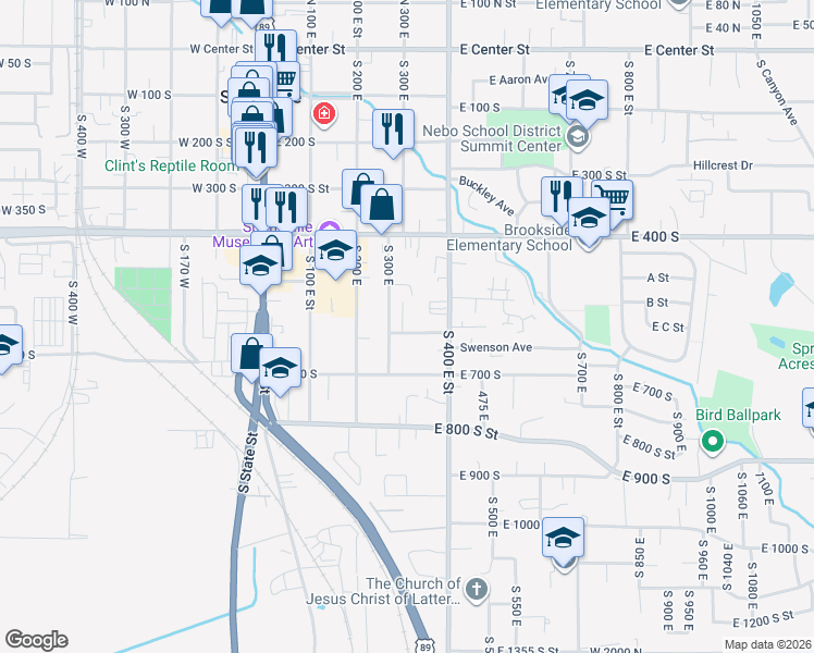 map of restaurants, bars, coffee shops, grocery stores, and more near 342 East 600 South Street in Springville