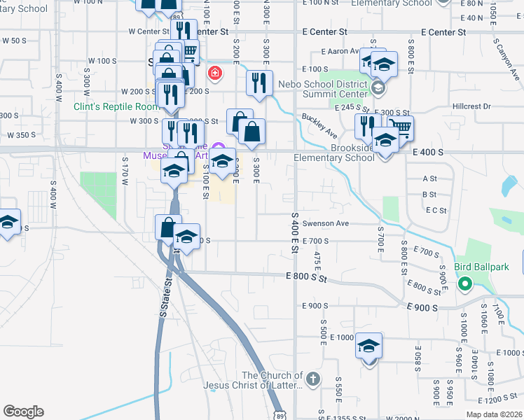 map of restaurants, bars, coffee shops, grocery stores, and more near 606 South 300 East in Springville