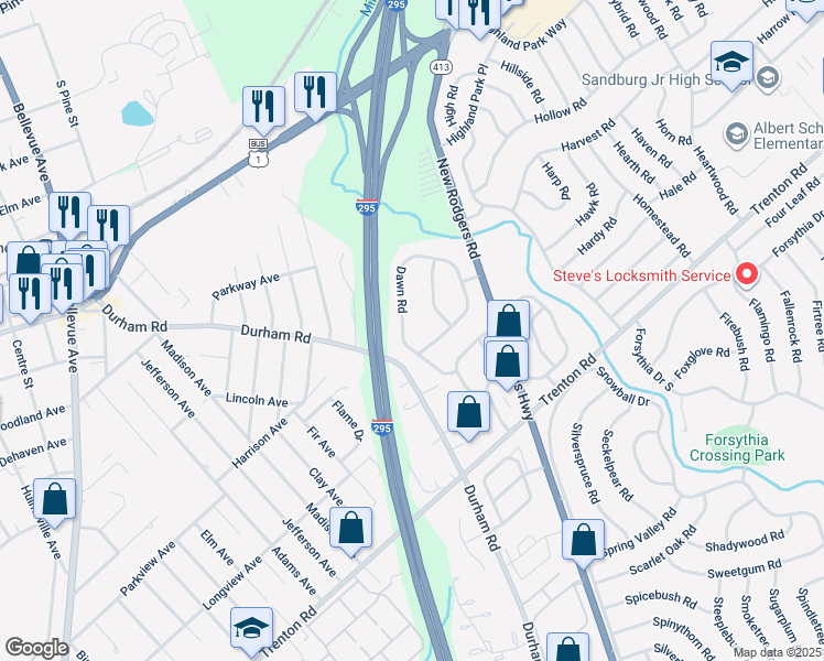 map of restaurants, bars, coffee shops, grocery stores, and more near 22 Dawn Road in Levittown