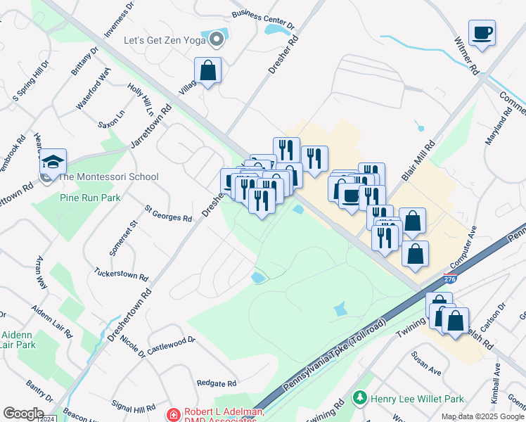 map of restaurants, bars, coffee shops, grocery stores, and more near 1104 Market Street in Dresher