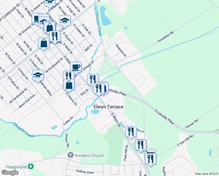 map of restaurants, bars, coffee shops, grocery stores, and more near 137 Fruitville Pike in Manheim