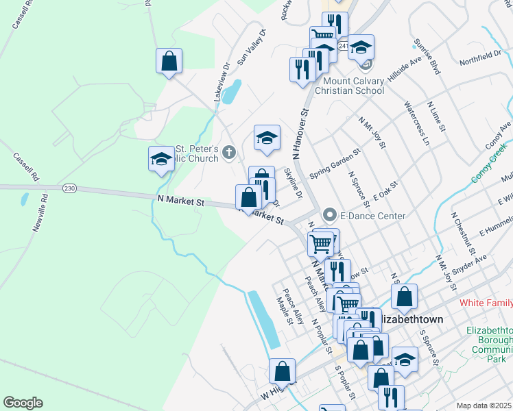 map of restaurants, bars, coffee shops, grocery stores, and more near 715 North Market Street in Elizabethtown