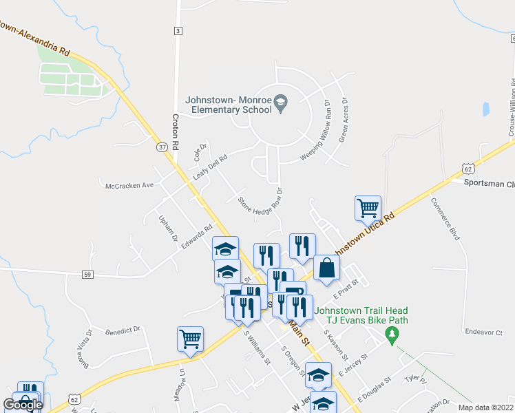 map of restaurants, bars, coffee shops, grocery stores, and more near 81 Pepperwood Place in Johnstown