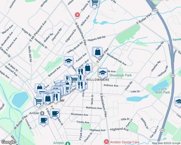 map of restaurants, bars, coffee shops, grocery stores, and more near 344 East Butler Avenue in Ambler
