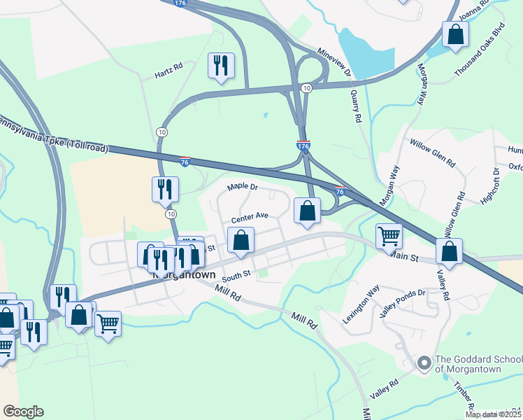 map of restaurants, bars, coffee shops, grocery stores, and more near 107 Center Avenue in Morgantown