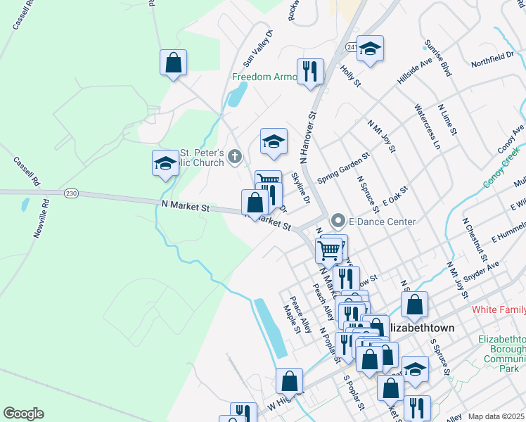 map of restaurants, bars, coffee shops, grocery stores, and more near 715 North Market Street in Elizabethtown