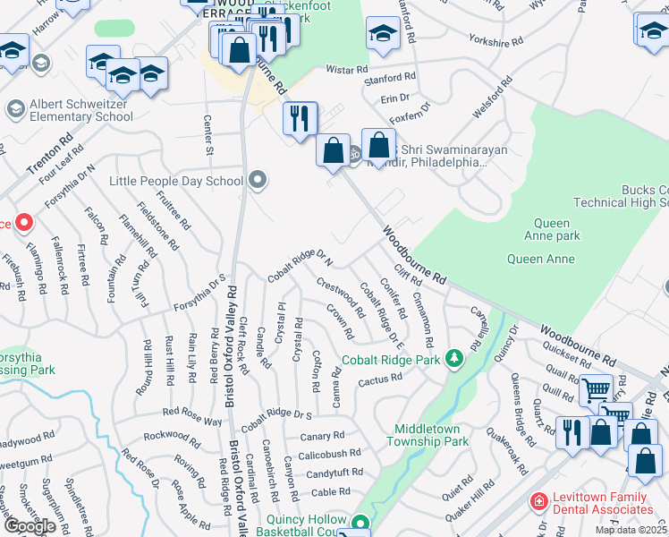 map of restaurants, bars, coffee shops, grocery stores, and more near 80 Cobalt Ridge Drive North in Levittown