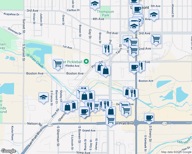 map of restaurants, bars, coffee shops, grocery stores, and more near 1030 Boston Avenue in Longmont