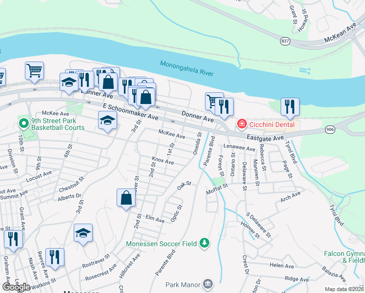 map of restaurants, bars, coffee shops, grocery stores, and more near 46 Reed Avenue in Monessen