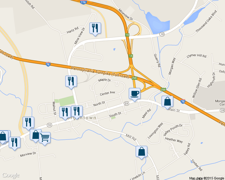 map of restaurants, bars, coffee shops, grocery stores, and more near 107 Center Avenue in Morgantown