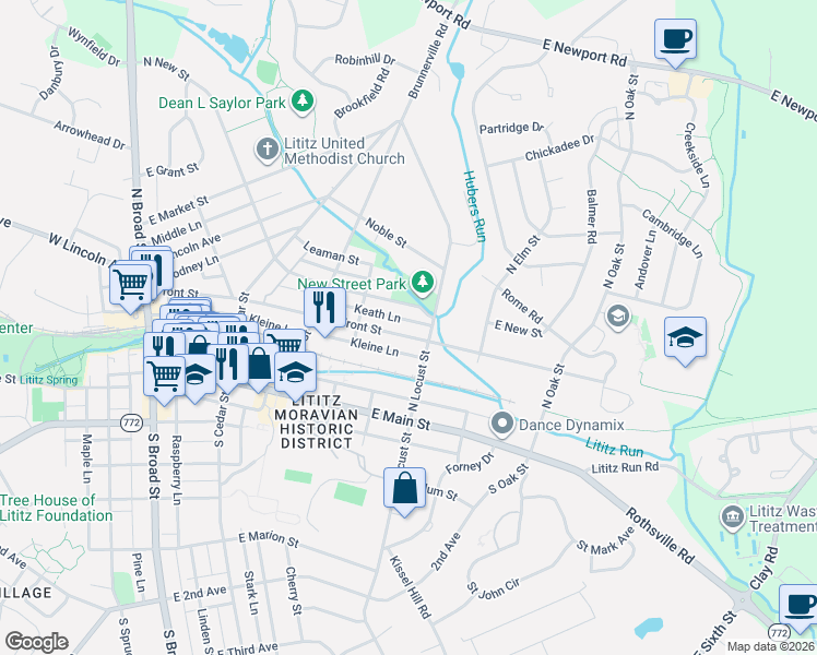 map of restaurants, bars, coffee shops, grocery stores, and more near 326 Front Street in Lititz