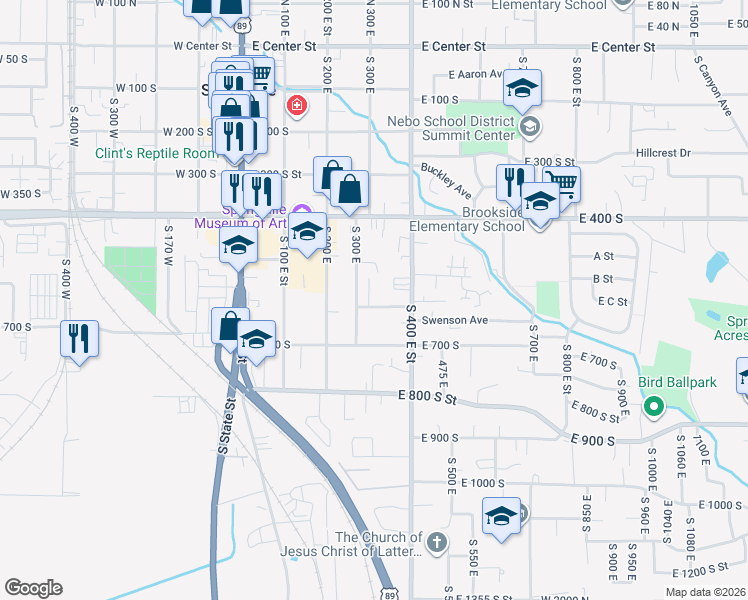 map of restaurants, bars, coffee shops, grocery stores, and more near 342 East 600 South Street in Springville