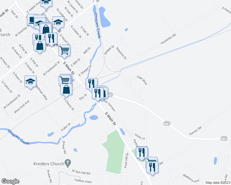 map of restaurants, bars, coffee shops, grocery stores, and more near 146 Fruitville Pike in Manheim