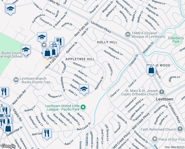 map of restaurants, bars, coffee shops, grocery stores, and more near 27 Arbor Lane in Levittown
