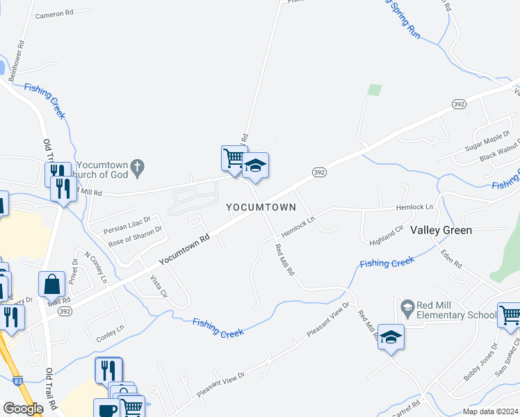 map of restaurants, bars, coffee shops, grocery stores, and more near 401 Red Mill Road in Goldsboro