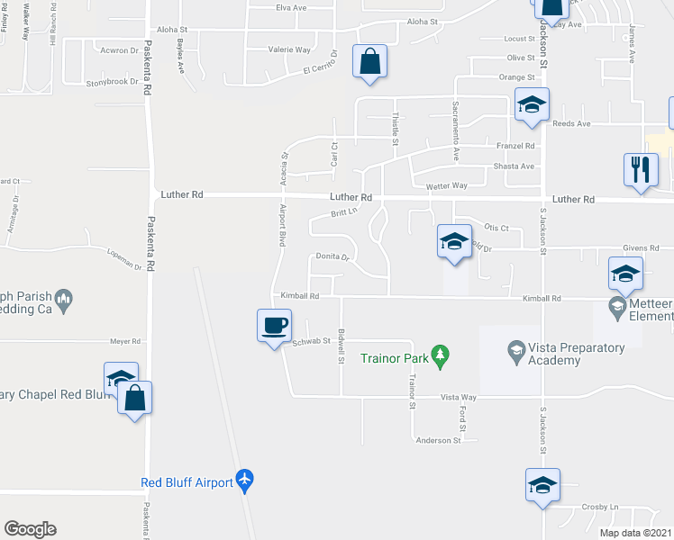 map of restaurants, bars, coffee shops, grocery stores, and more near 1450 Crosspoint Way in Red Bluff