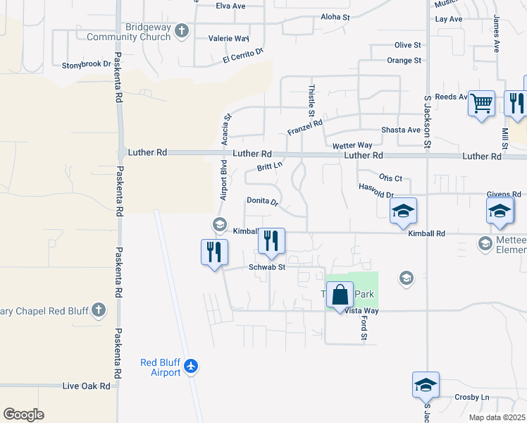 map of restaurants, bars, coffee shops, grocery stores, and more near 1415 Crosspoint Way in Red Bluff