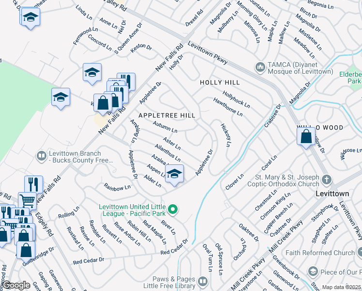 map of restaurants, bars, coffee shops, grocery stores, and more near 34 Aster Lane in Levittown
