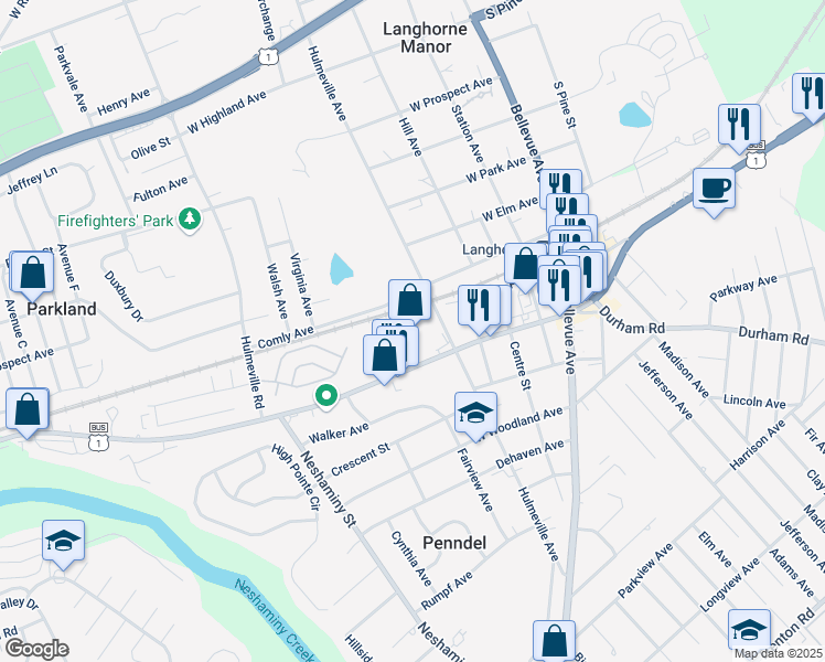 map of restaurants, bars, coffee shops, grocery stores, and more near 250 West Lincoln Highway in Langhorne