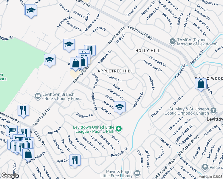 map of restaurants, bars, coffee shops, grocery stores, and more near 54 Ailanthus Lane in Levittown