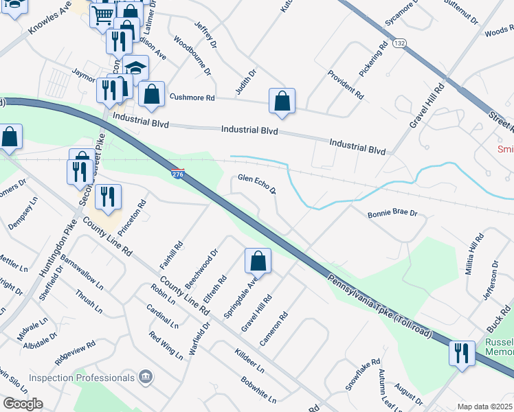 map of restaurants, bars, coffee shops, grocery stores, and more near 1388 Glen Echo Drive in Bucks County