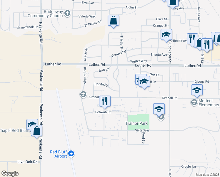 map of restaurants, bars, coffee shops, grocery stores, and more near 1430 Donita Drive in Red Bluff