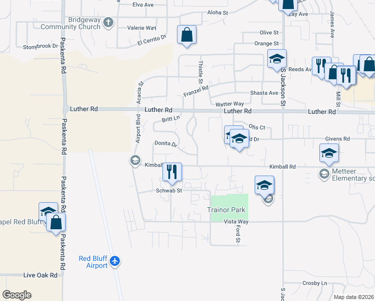 map of restaurants, bars, coffee shops, grocery stores, and more near 1430 Donita Drive in Red Bluff