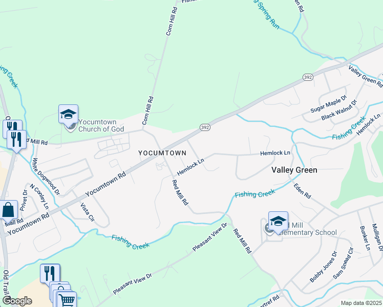 map of restaurants, bars, coffee shops, grocery stores, and more near 25 Killinger Road in Valley Green
