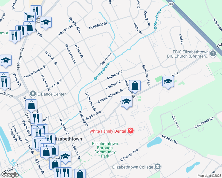 map of restaurants, bars, coffee shops, grocery stores, and more near 568 East Willow Street in Elizabethtown