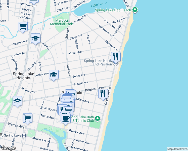 map of restaurants, bars, coffee shops, grocery stores, and more near 100 Saint Clair Avenue in Spring Lake