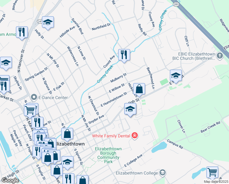 map of restaurants, bars, coffee shops, grocery stores, and more near 568 East Willow Street in Elizabethtown