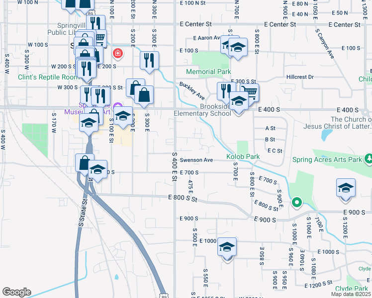 map of restaurants, bars, coffee shops, grocery stores, and more near 615 South 400 East Street in Springville