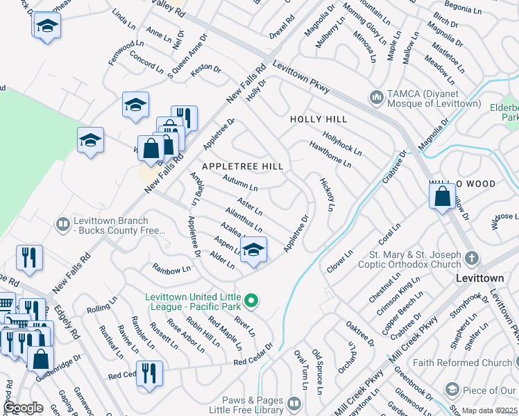 map of restaurants, bars, coffee shops, grocery stores, and more near 40 Aster Lane in Levittown