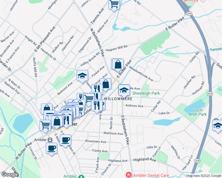map of restaurants, bars, coffee shops, grocery stores, and more near 330 East Butler Avenue in Ambler