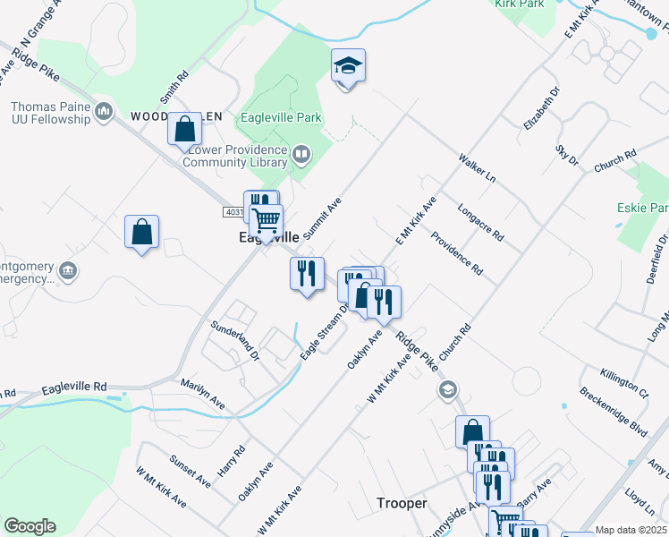 map of restaurants, bars, coffee shops, grocery stores, and more near 3215 Ridge Pike in Eagleville