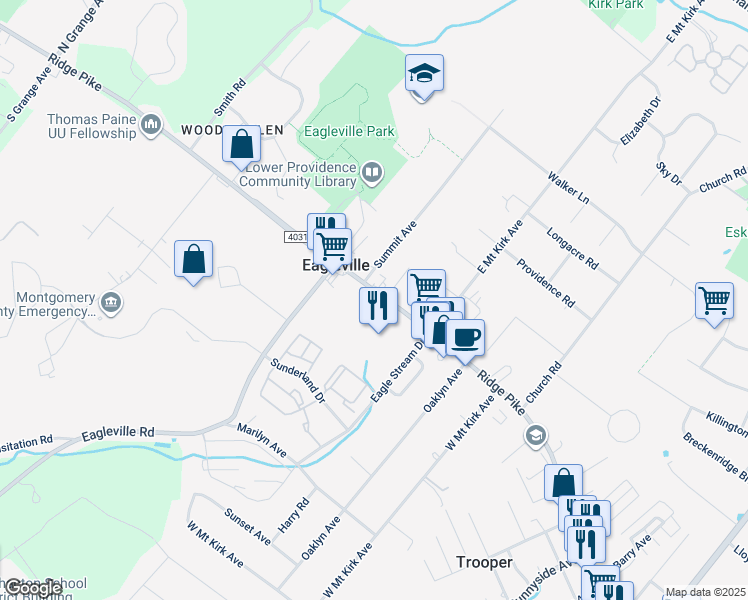 map of restaurants, bars, coffee shops, grocery stores, and more near 3232 Ridge Pike in Eagleville