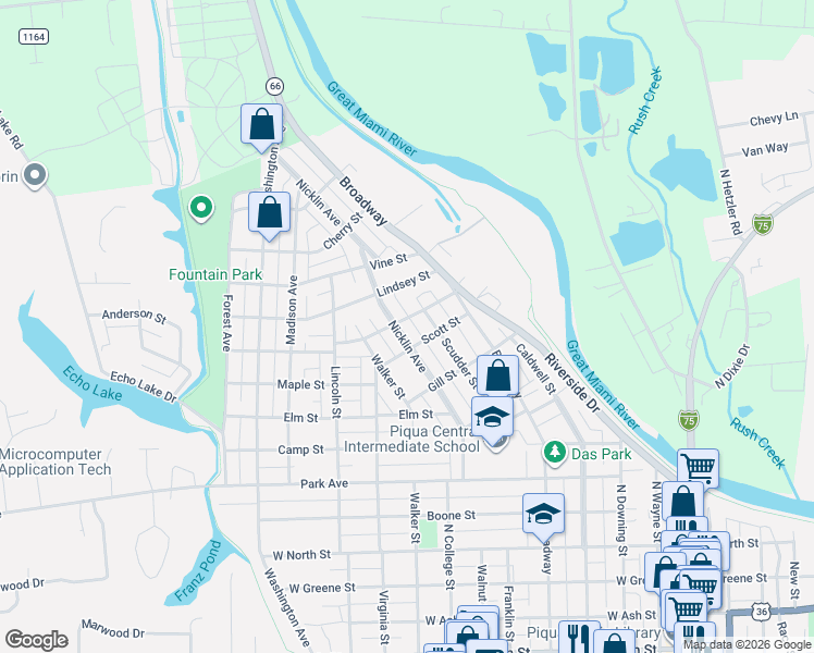 map of restaurants, bars, coffee shops, grocery stores, and more near 608 Scott Street in Piqua