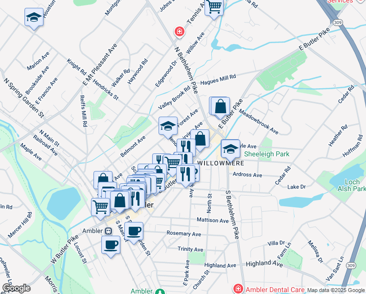 map of restaurants, bars, coffee shops, grocery stores, and more near 35 Hendricks Street in Ambler