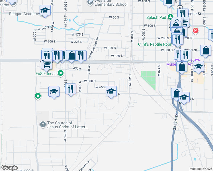 map of restaurants, bars, coffee shops, grocery stores, and more near 582 West 650 South in Springville